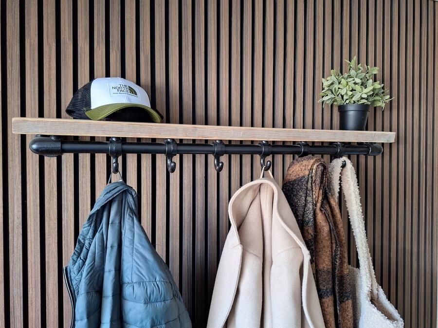 Steigerbuis Kapstok Zwart 80cm 6 Haken Kapstokken Bovenplank Steigerhout Buis 27mm Industrieel Loft Robuust Buis Staal Hout Metaal