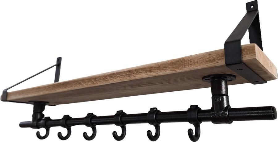 Absteigerhout Hoexs Wandkapstok Industrieel Steigerhout Kapstop met Bovenplank Stalen Plankdragers Zwart- 70 Cm 6 Haken Inclusief Bevestigingsmateriaal Decoratie - Foto 2