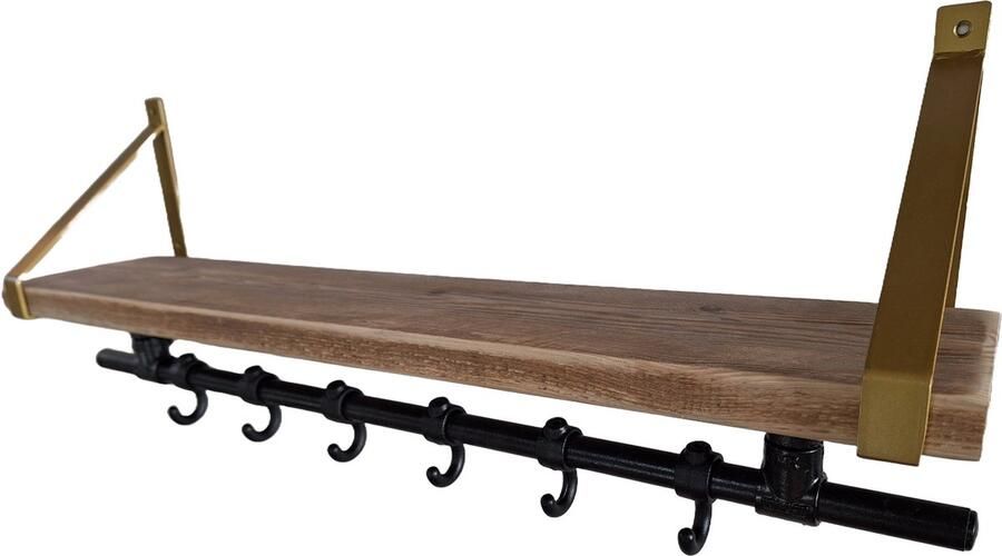 Absteigerhout Hoexs Wandkapstok Industrieel Steigerhout Kapstop met Bovenplank Stalen Plankdragers Goud- 70 Cm 6 Haken Inclusief Bevestigingsmateriaal Decoratie