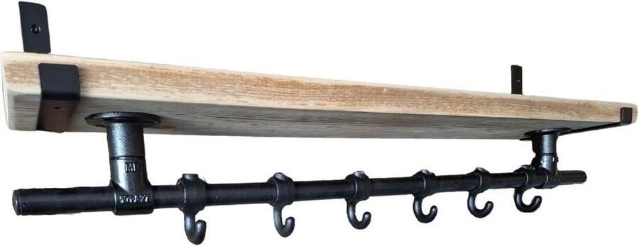 Absteigerhout Hoexs Wandkapstok Industrieel Kapstok met Bovenplank Steigerhout 90 Cm 6 Haken Metalen plankdragers Zwart Decoratie Inclusief Bevestiginsmateriaal