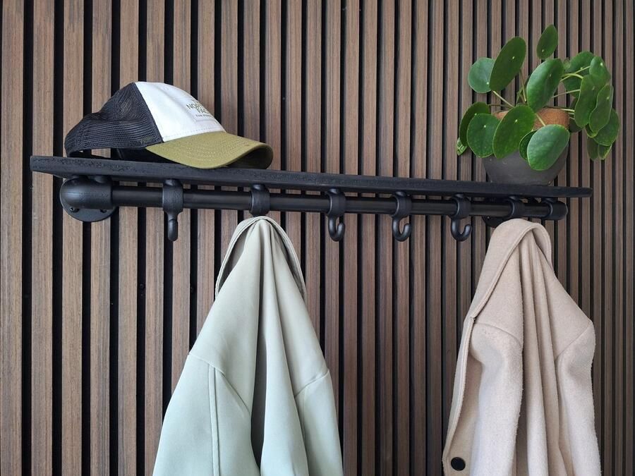 Absteigerhout Wandkapstok Zwart Industrieel – 70x20 cm – Steigerbuis met 6 haken