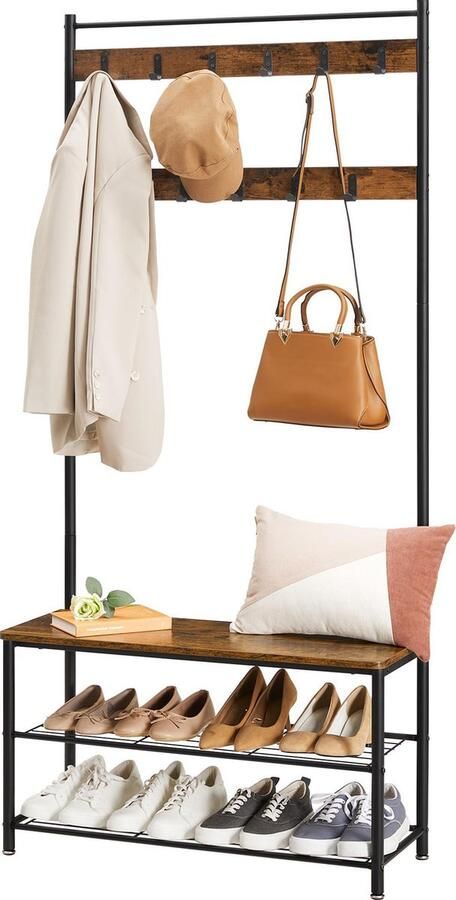 ACAZA Kapstok Staand Garderoberek 85 x 32 x 175 cm Kapstok met Schoenenrek 11 Haken Vintage Bruin en Zwart Schoenenrek