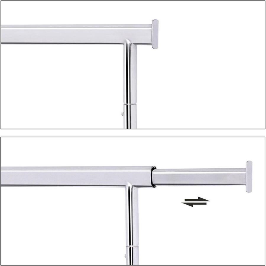 Acaza Heavy Duty Verrijdbaar Kledingrek in Metaal Kledij Rek van 160 cm Hoog en 92 tot 132 cm Breed Klerenrek in Zilver