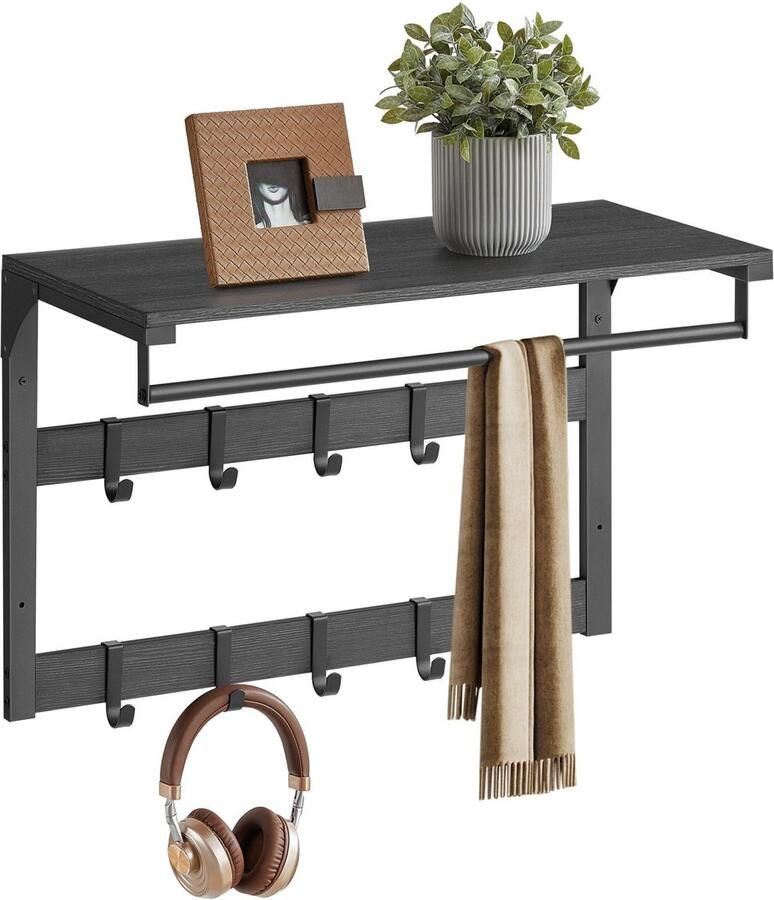 ACAZA Kapstok Wandkapstok Kapstok Hangend 66 x 30 x 42 cm 10 Verwijderbare Haken met Plank en Kledingstang Zwart - Foto 2