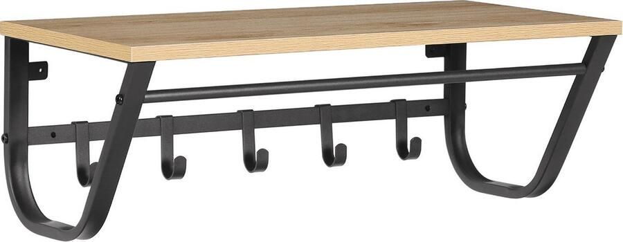 ACAZA Kapstok Wandkapstok Kapstok Hangend 60 x 30 x 20 cm 5 Haken met Plank en Kledingstang Lichte Eik