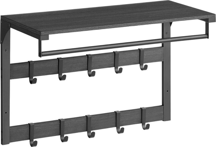 ACAZA Kapstok Wandkapstok Kapstok Hangend 66 x 30 x 42 cm 10 Verwijderbare Haken met Plank en Kledingstang Zwart