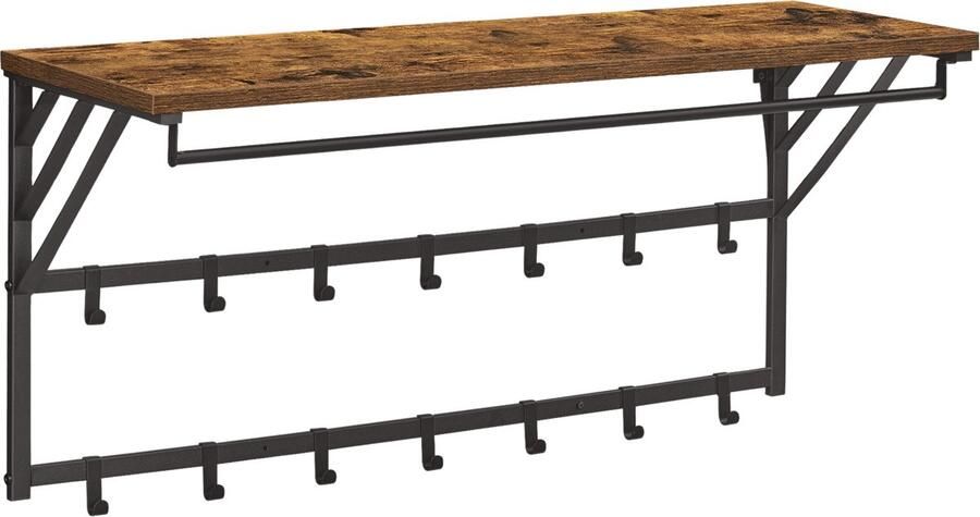 ACAZA Kapstok Wandkapstok Kapstok Hangend 90 x 30 x 44 cm 14 Verwijderbare Haken met Plank en Kledingstang Vintage Bruin