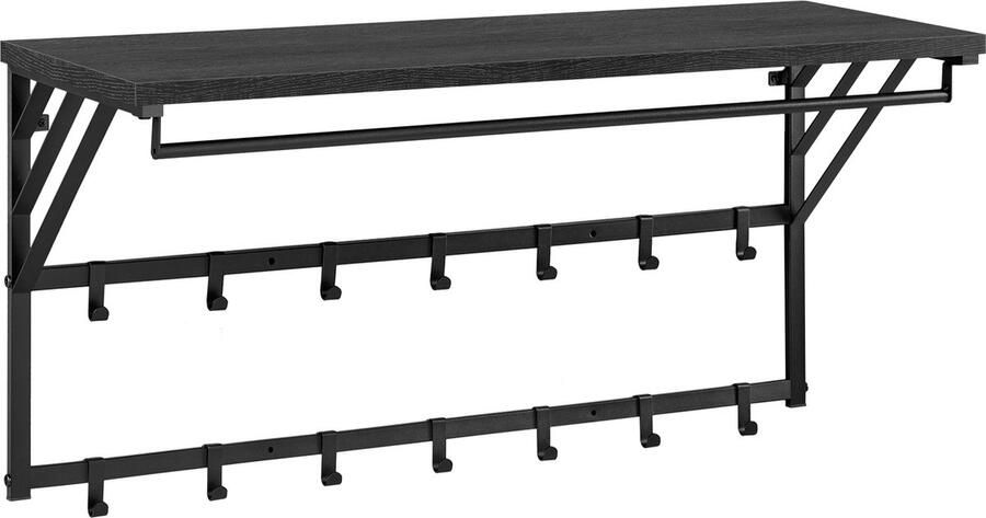 ACAZA Kapstok Wandkapstok Kapstok Hangend 90 x 30 x 44 cm 14 Verwijderbare Haken met Plank en Kledingstang Zwart