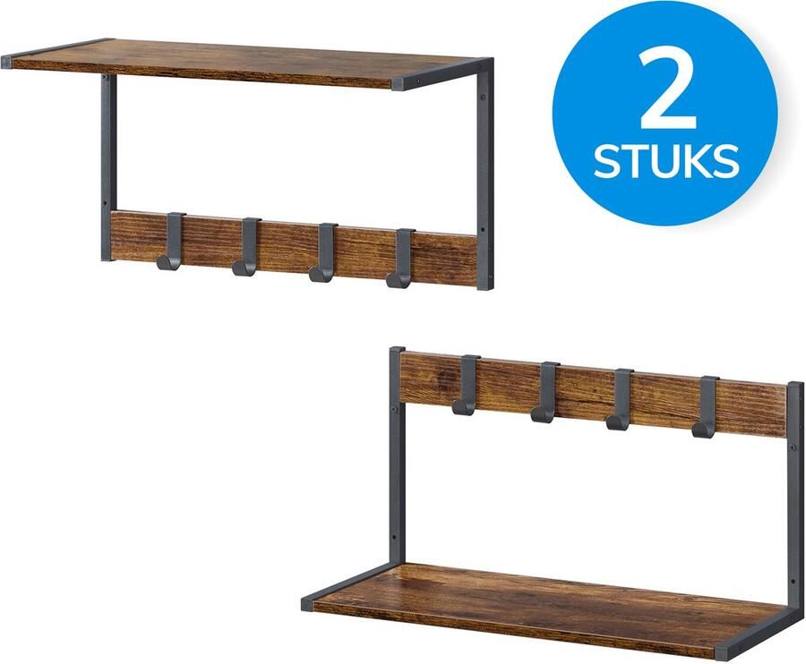 ACAZA Kapstok Wandplank Wandrek Set van 2 4 Verwijderbare Haken 50 x 24 x 26.5 cm Vintage Bruin - Foto 3