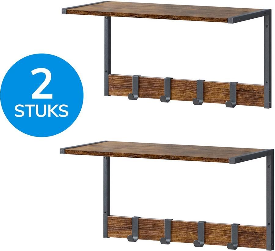 ACAZA Kapstok Wandplank Wandrek Set van 2 4 Verwijderbare Haken 50 x 24 x 26.5 cm Vintage Bruin