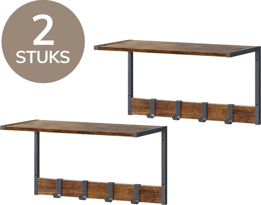 ACAZA Kapstok Wandplank Wandrek Set van 2 4 Verwijderbare Haken 50 x 24 x 26.5 cm Vintage Bruin - Foto 2