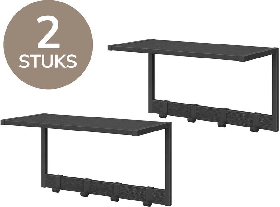 ACAZA Kapstok Wandplank Wandrek Set van 2 4 Verwijderbare Haken 50 x 24 x 26.5 cm Zwart