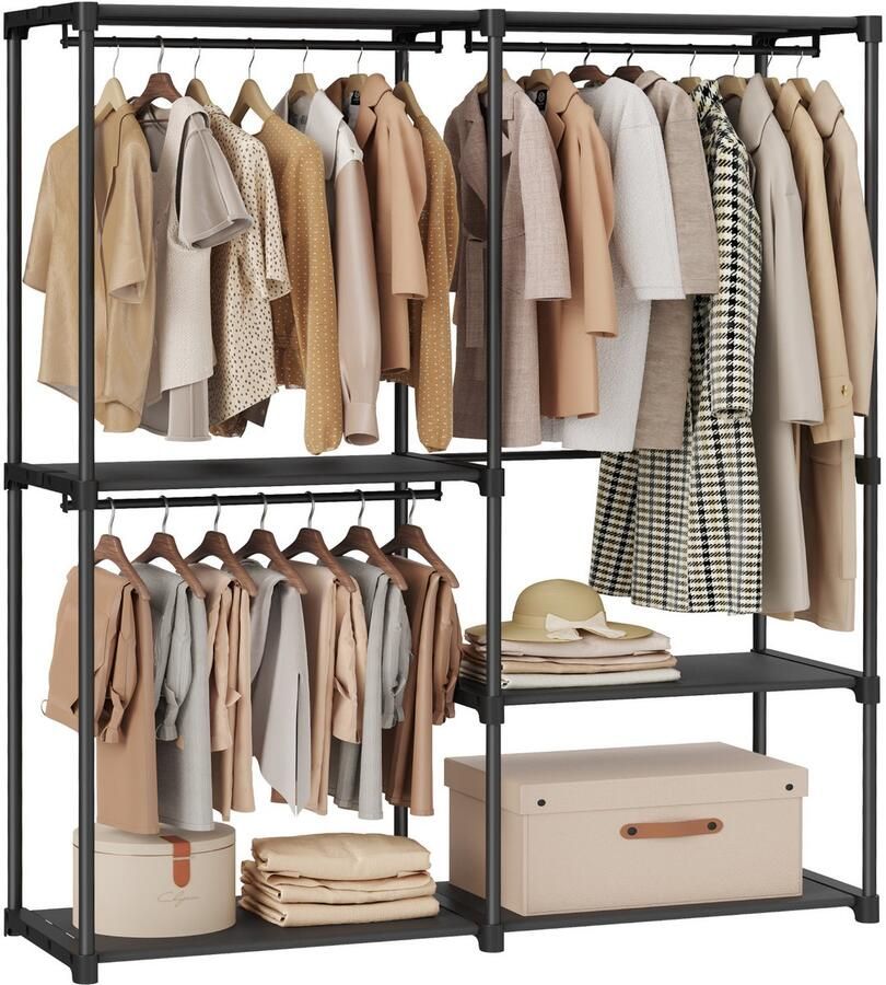 ACAZA Kledingkast Kledingkasten Slaapkamer Open Kledingkast Garderoberek 138 x 43 x 182 cm Metaal met Stof Zwart