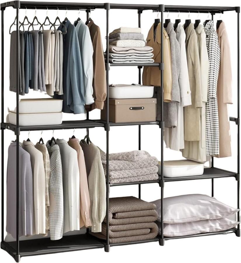 ACAZA Kledingkast Kledingkasten Slaapkamer Open Kledingkast Garderoberek 182 x 182 x 43 cm Metaal met Stof Zwart