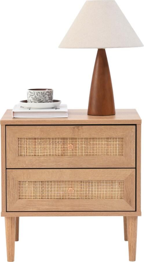 ACAZA Nachtkastje Nachtkastjes Bijzettafel 49 x 48 x 39 cm (H x B x D) Eiken Kleur Rotan accent Nachtkastje met Lade Kast Kasten Nachtkastje hout Nachtkastjes