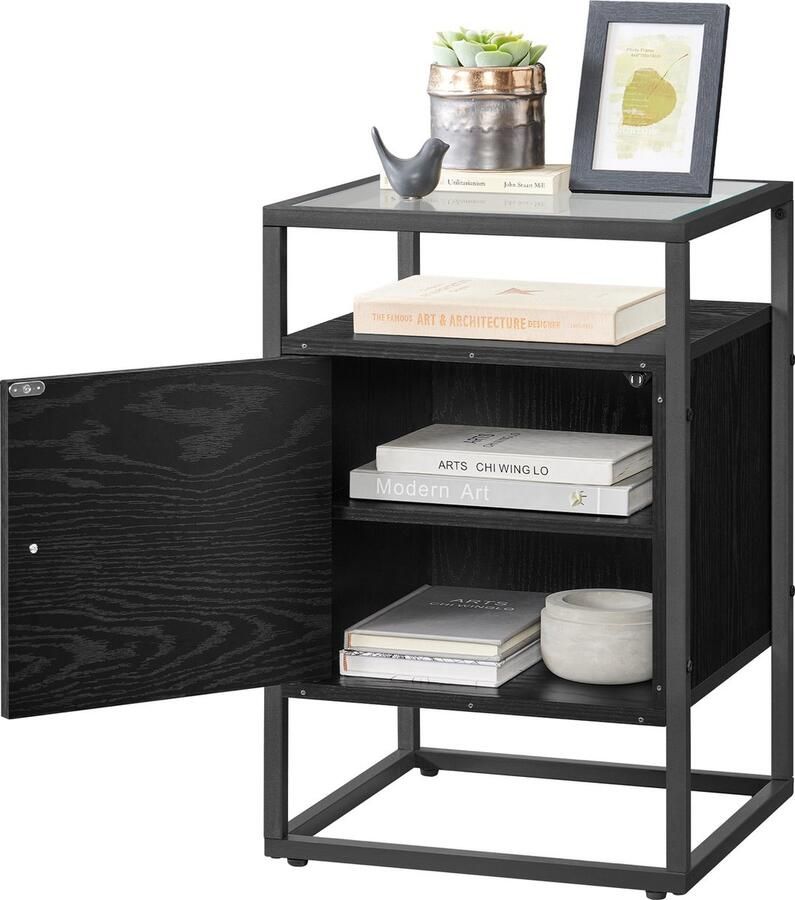 ACAZA Nachtkastje Nachtkastjes Industrieel Zwart 40 x 40 x 60 cm (B x D x H) Hout en Gehard Glas Nachtkastjes Nachtkastje Modern Archiefkast Kast Kasten Kastje met lades