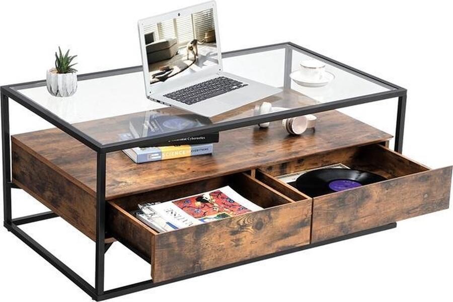 ACAZA Salontafel met Strak Design Houten Koffie Tafel met Gehard Glas en Twee Rustieke Lades 106 cm Lang
