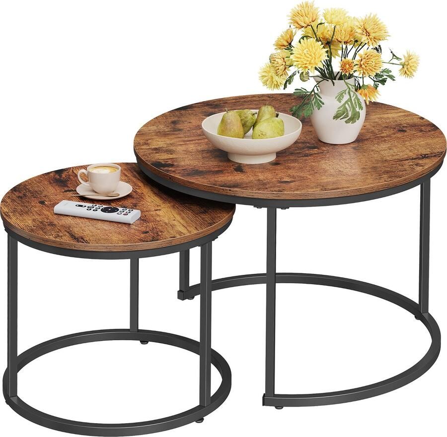 ACAZA Salontafel rond Vintage Bruin Hoogte 48 en 42 cm Set van 2 Salontafels Diameter 72 en 52 cm Ronde Salontafel Industrieel Klein Tafeltje Salon Tafel Table basse de salon Kleine Tafel Salontafels