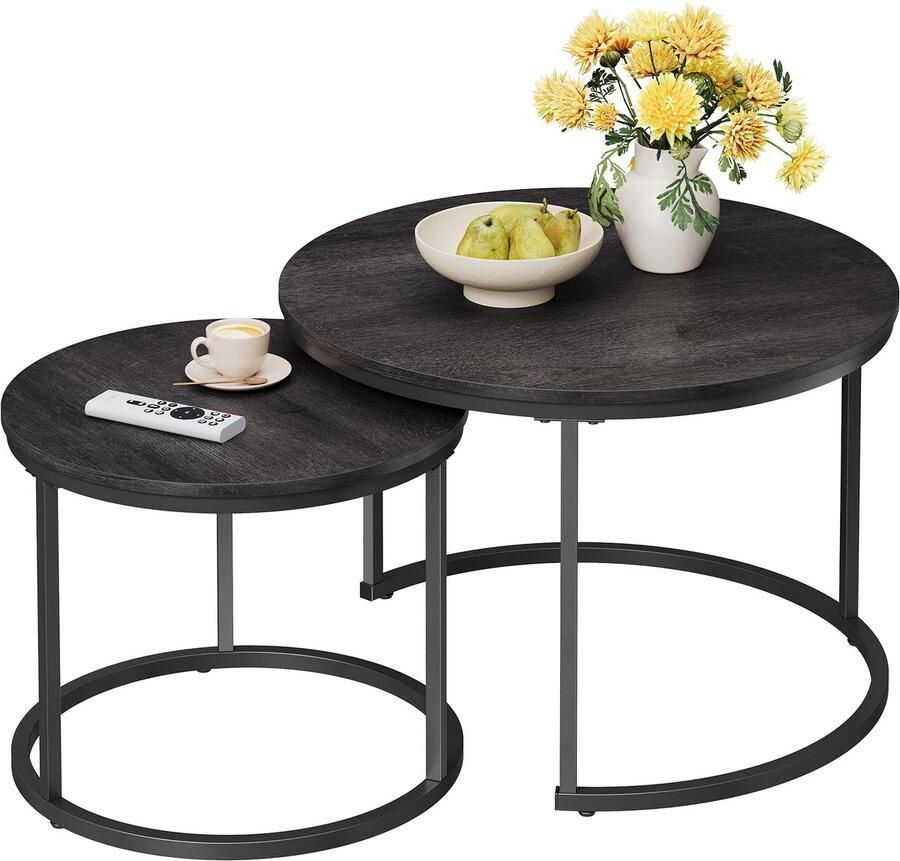 ACAZA Salontafel rond Zwart Hoogte 48 en 42 cm Set van 2 Salontafels Diameter 72 en 52 cm Ronde Salontafel Industrieel Klein Tafeltje Salon Tafel Table basse de salon Kleine Tafel Salontafels