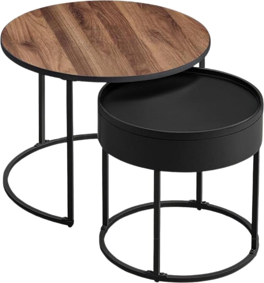 ACAZA Salontafel Set van 2 Bruin en zwart Bijzettafel Salontafel rond 60 x 60 x 45 cm (D x B x H) Salontafel met Opbergruimte Set van 2 Salontafels Ronde Salontafel Industrieel Klein Tafeltje Salon Tafel