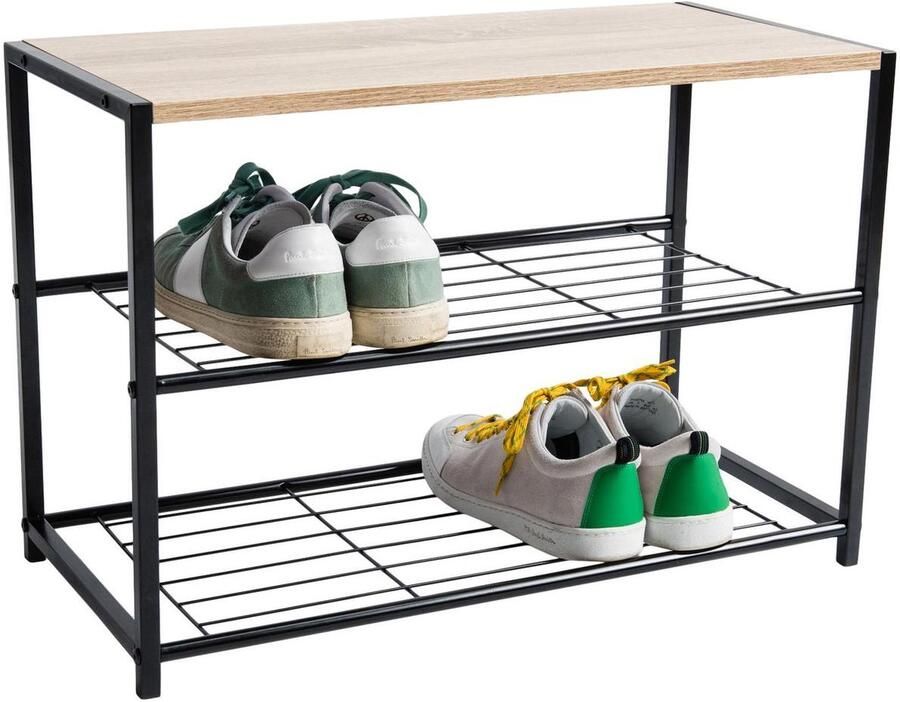 ACAZA Schoenenrek 2 Lagen 6 tot 8 Paar Schoenen Zwart Lichte Eik Kleur 43 cm x 63 cm x 30 cm schoenenbank schoenenrek zwart schoenenrek metaal