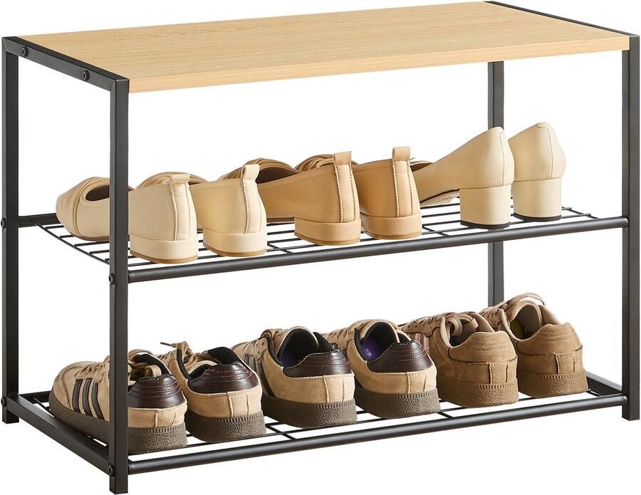ACAZA Schoenenrek 2 Lagen 6 tot 8 Paar Schoenen Zwart Lichte Eik Kleur 43 cm x 63 cm x 30 cm schoenenbank schoenenrek zwart schoenenrek metaal - Foto 2