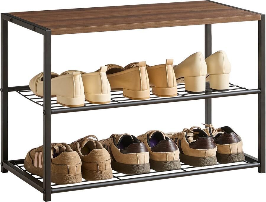 ACAZA Schoenenrek 2 Lagen voor 6 Paar Schoenen 43 x 63 x 30 cm Metaal met Hout Walnoot Kleur