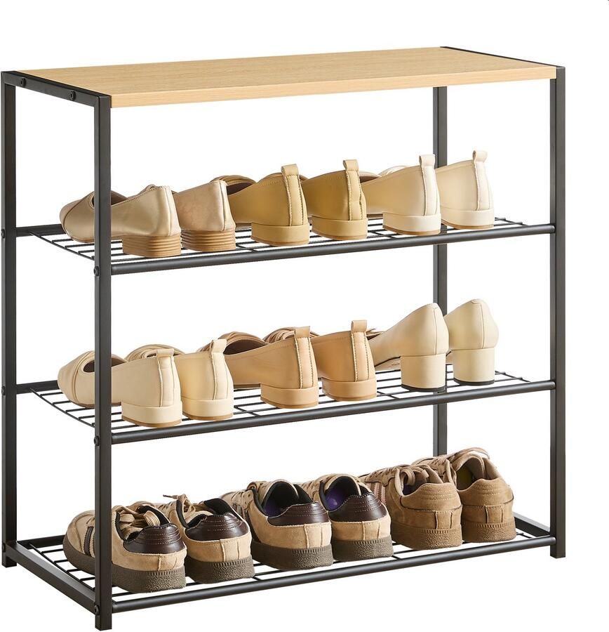 ACAZA Schoenenrek 3 Lagen 9 Paar Schoenen Zwart Lichte Eik Kleur 63 cm x 63 cm x 30 cm schoenenbank schoenenrek zwart schoenenrek metaal
