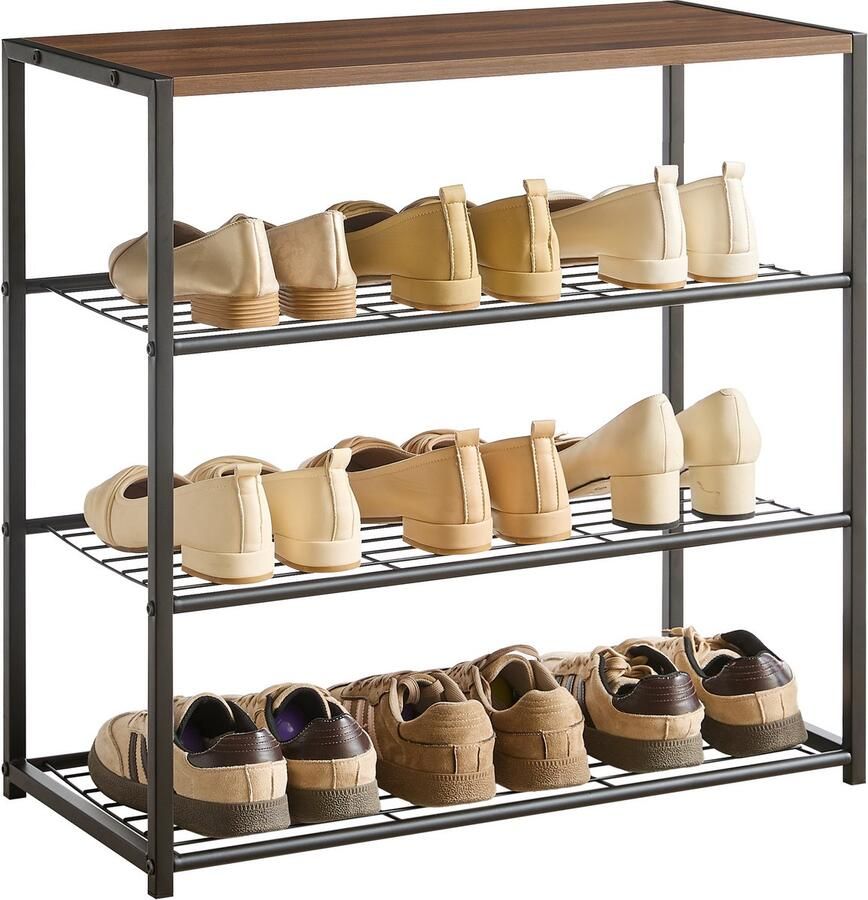 ACAZA Schoenenrek 3 Lagen Voor 9 Paar Schoenen 63 x 63 x 30 cm Metaal met Hout Walnoot Kleur