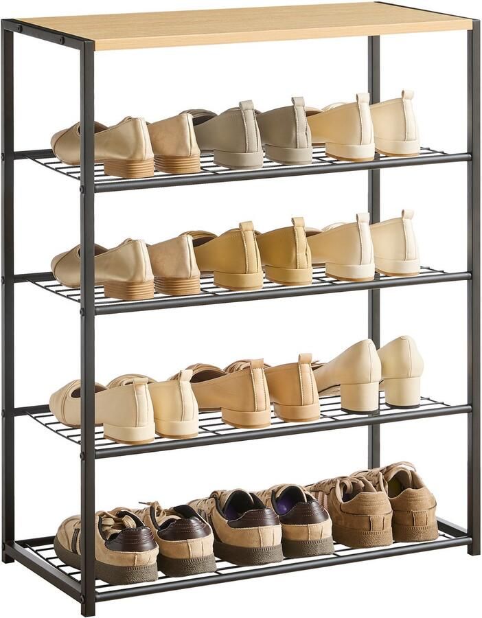 ACAZA Schoenenrek 4 Lagen 12 tot 15 Paar Schoenen Zwart Lichte Eik Kleur 83 cm x 63 cm x 30 cm schoenenbank schoenenrek zwart schoenenrek metaal