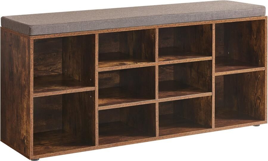 ACAZA Schoenenrek Schoenenkast Schoenenbank Met Zitkussen 10 Vakken 104 x 30 x 50 cm Vintage Bruin