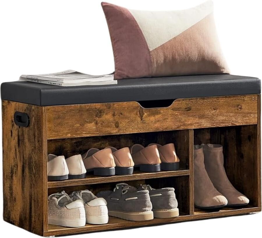 Acaza Schoenenrek Vintage Schoenenbank – Halbank – Schoenenkast – Schoenenbank Met Zitkussen – Zwart Bruin