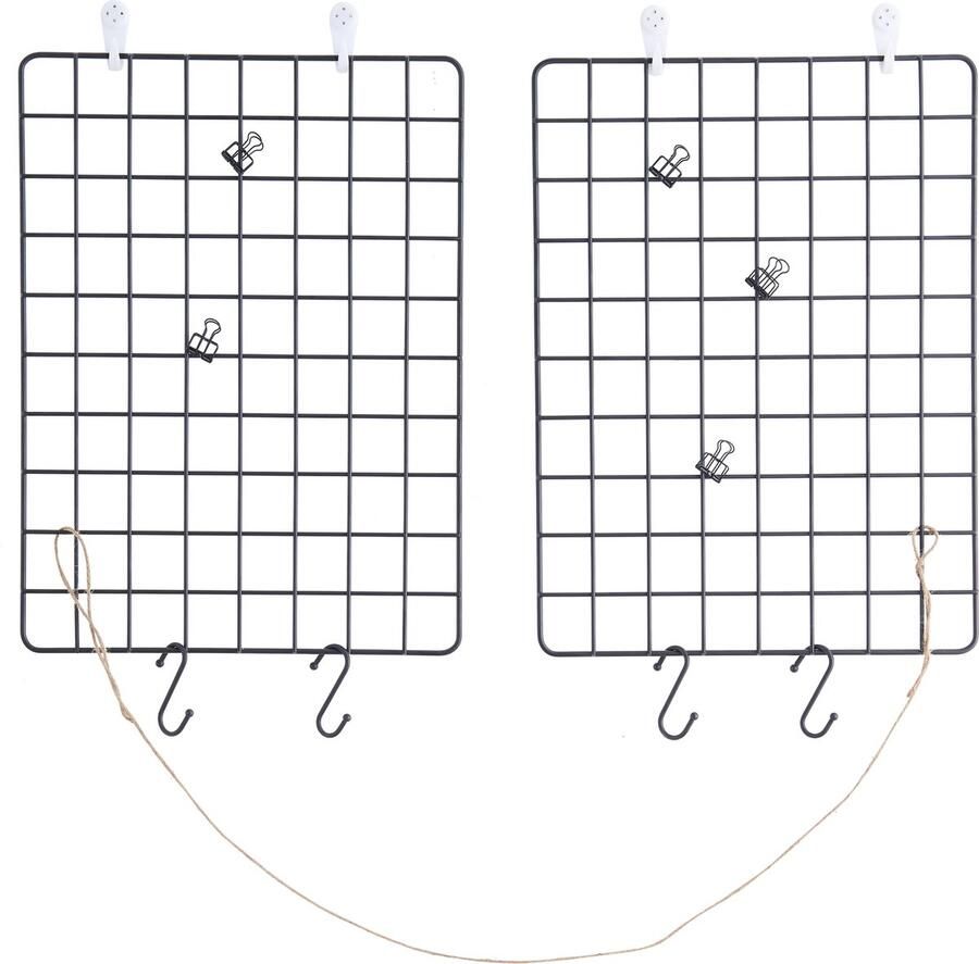 Acaza Set van 2 Stevige Metalen Wandrekken met Haken en Clips Decoratierek Memobord Zwart