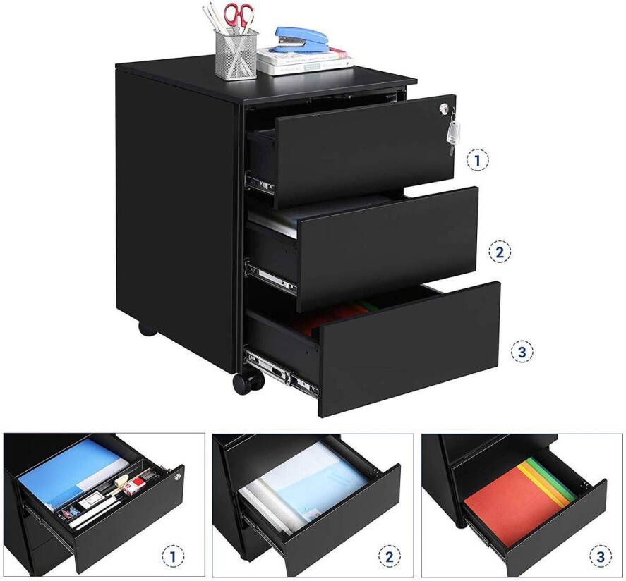 Acaza Afsluitbare Kast met Lades voor onder Bureau Locker op Wieltjes 39x45x55 cm (B x D x H) Zwart