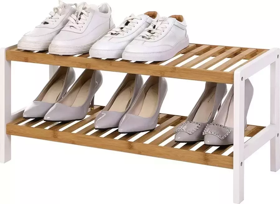 Acaza Bamboe Schoenenrek met 2 niveau's Badkamerplank schoenenkast of rek voor 8 paar schoenen Wit Bruin
