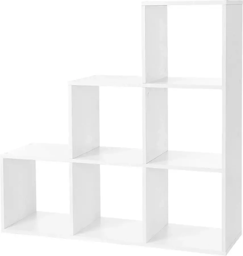 Acaza Boekenkast met 6 Open Kubussen in Trap Vorm Boekenrek Room Divider voor Boeken Planten Vinyl of Kaders 97 5 cm Hoog en 97 5 cm Breed Wit