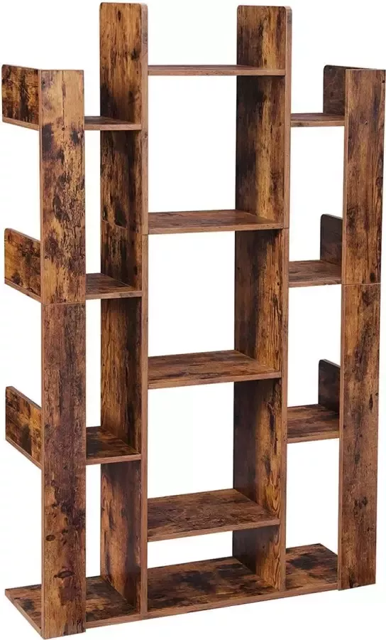 Acaza Boekenkast met boeken Planken boomvorm staand 13 vakken opberg Kast met afgeronde hoeken vintage bruin