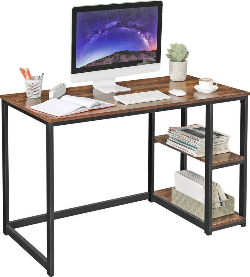 Acaza Vintage bureau met legplanken en decoratieve klem zwart metalen frame en bruin vintage hout kantoormeubel