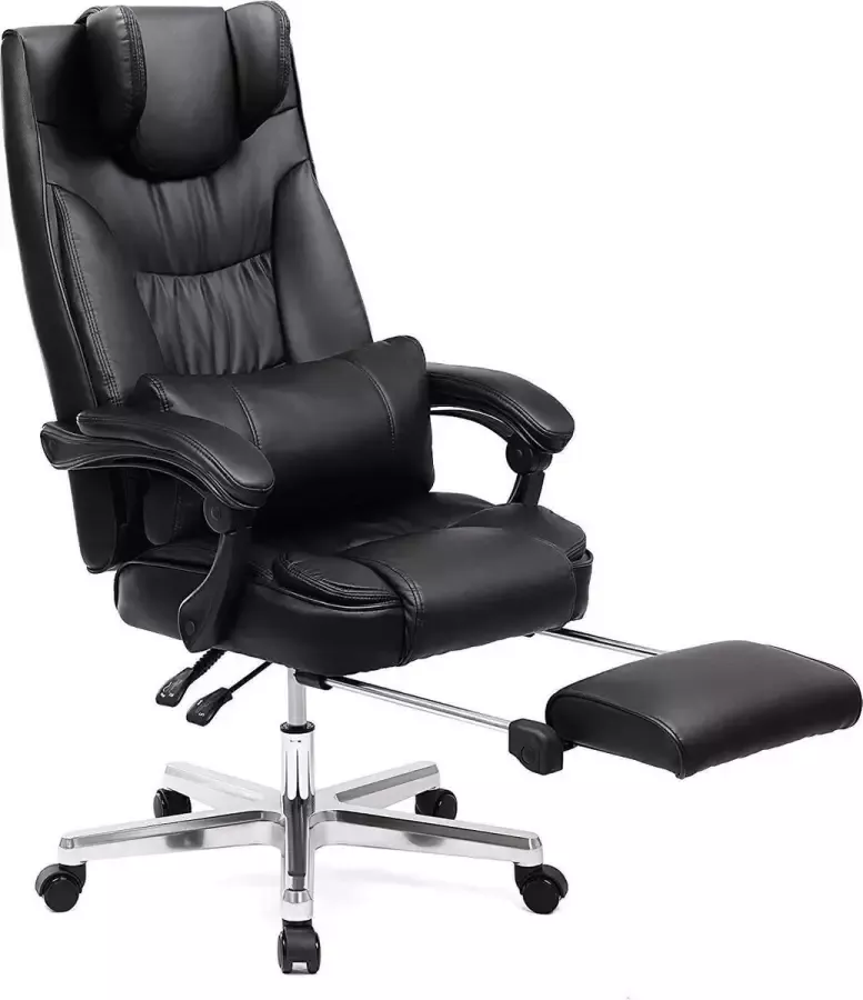 Acaza Grote Orthopedische Leren Bureaustoel op Wielen met Voetsteun en Hoofdsteun Luxe Ergonomische Office Chair Aanpasbare Draaistoel Zwart