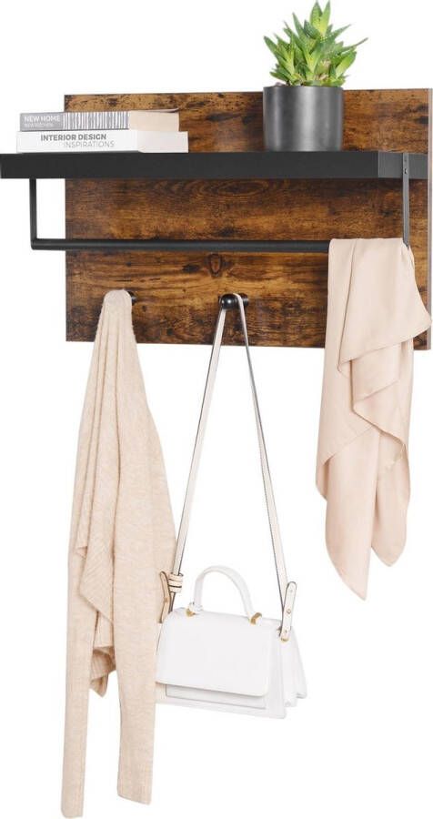 Acaza Hangende Kapstok met Hoedenplank Wandkapstok in Metaal Hout voor Hal of Woonkamer 60cm Lang Industrieel Vintage Bruin Zwart