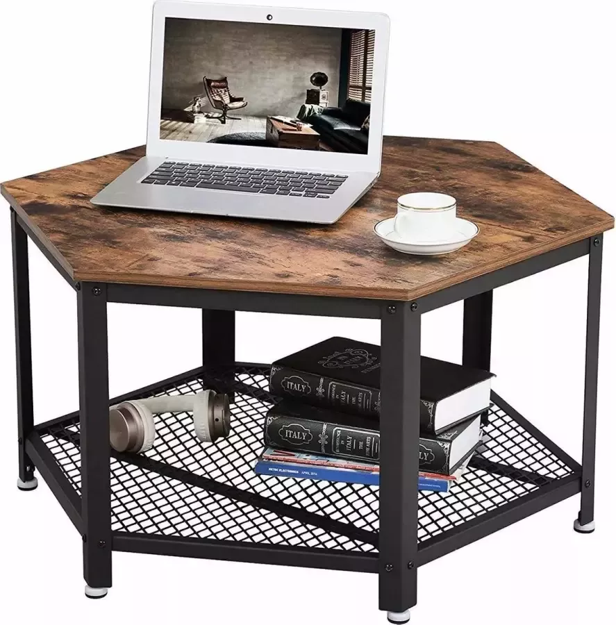 Acaza Karaktervolle Zeshoekige Salontafel Rustieke Look- 75x75x45cm Zwart Bruin