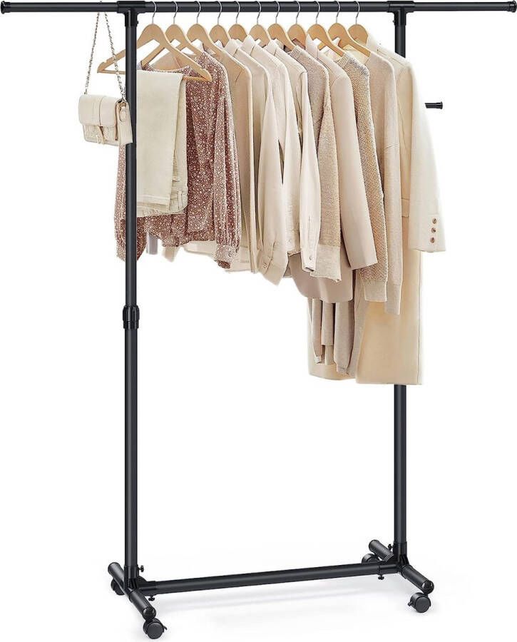 Acaza Kledingrek met Wielen Kledingrek verstelbare Hoogte tussen 97-165 cm Kledingstang met uitschuifbare Stang Zijhaken voor Accessoires en Tassen Zwart