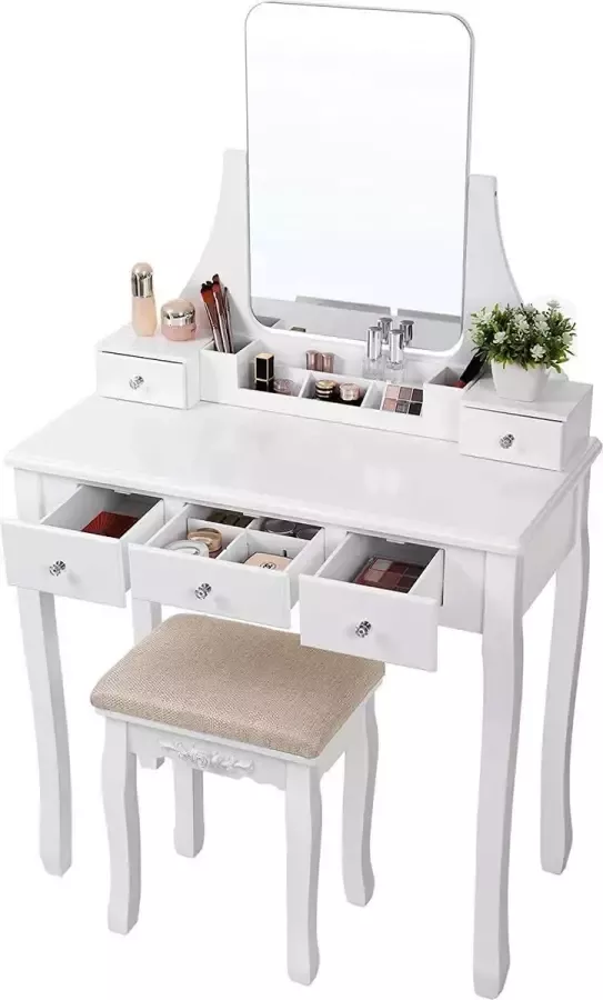 Acaza Make-up tafel met Spiegel en Bijhorende Kruk Witte Kaptafel met Schuifladen Wit