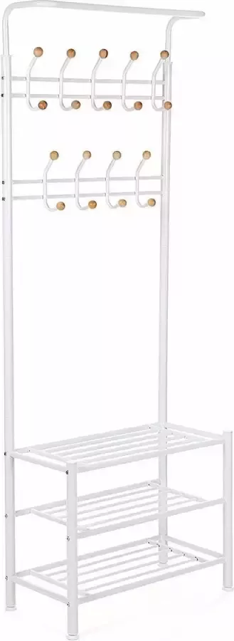 Acaza Metalen Witte Kapstok met Schoenenrekje en 18 Haken Garderoberek van 68.8 cm breed x 187 cm hoog Gebroken Wit