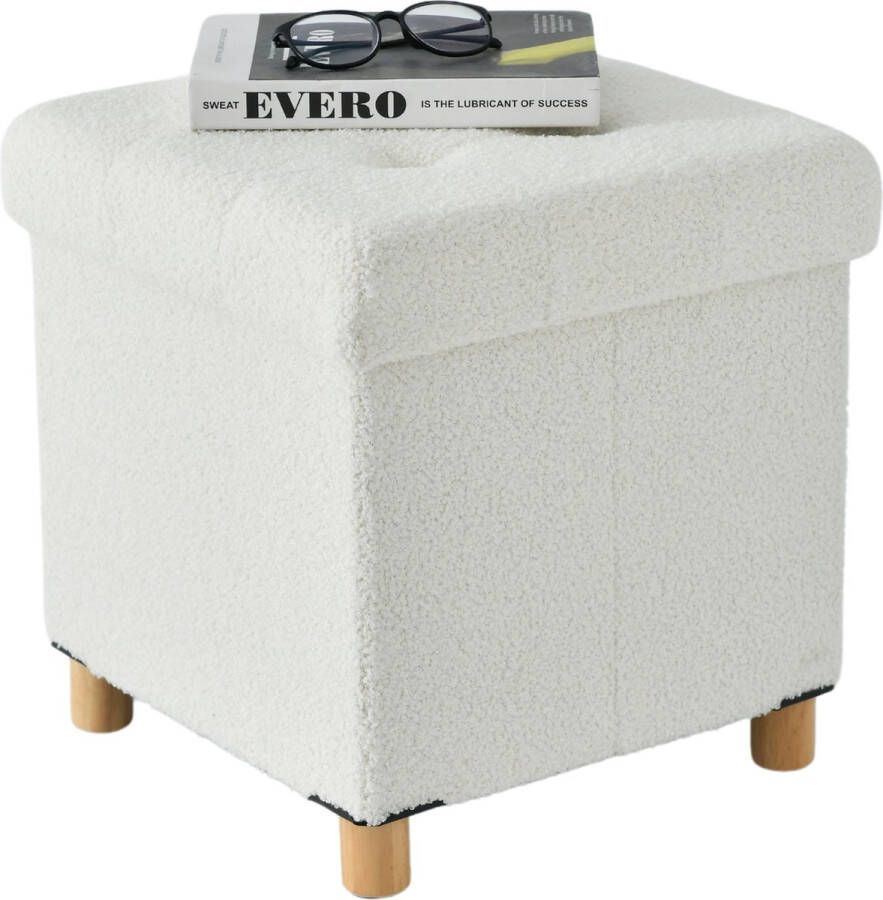 Acaza Poef met Opbergruimte Poef met pootjes 40x38x38cm Teddy stof Wit