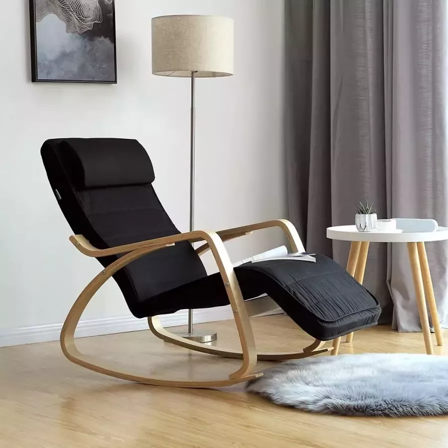 Acaza Schommelstoel Met Voetensteun in Zweedse Stijl Verstelbare Ligstoel – Relaxing Chair – Katoen – Zwart