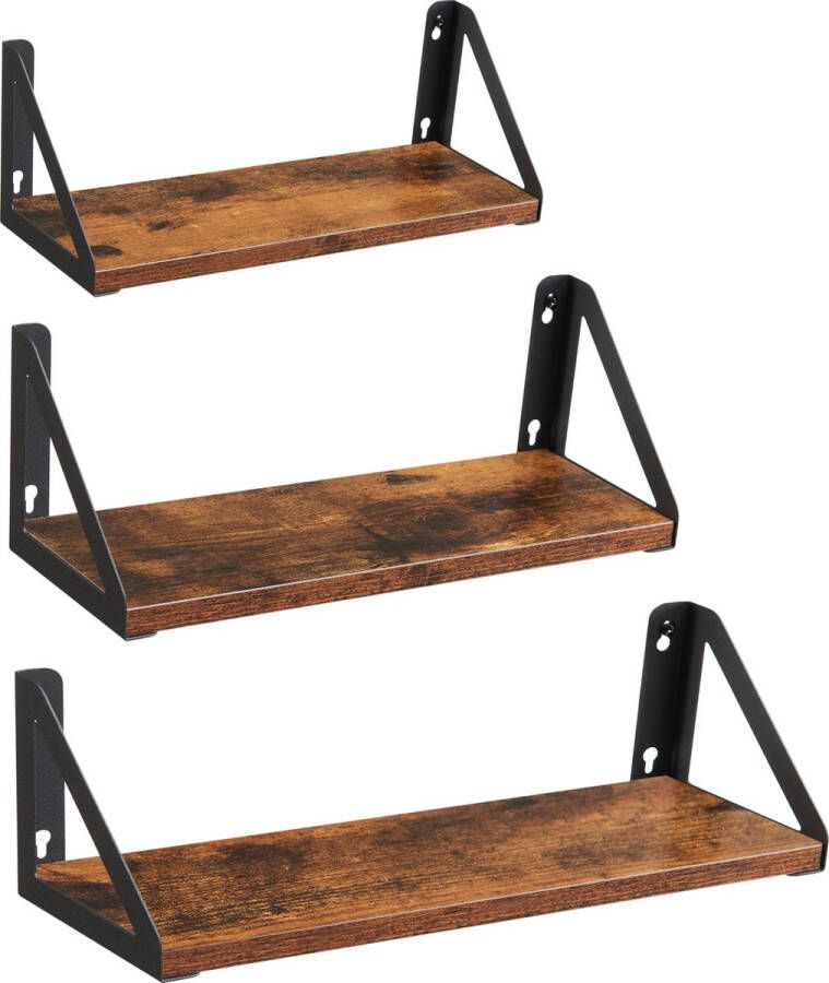 ACAZA Wandplank Set van 3 30 35 40 x 12 x 11 cm Wandrek Boekenrek Boekenplank Wandplank Zwevend Vintage Bruin