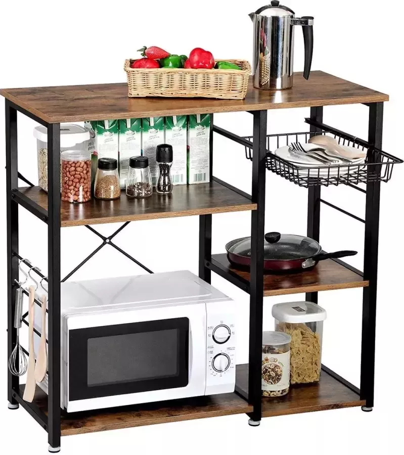 Acaza Vintage Keukenmeubel met Metalen Frame Keuken Kast Inclusief Mandje en 6 Haakjes 90x40x84cm Zwart Bruin
