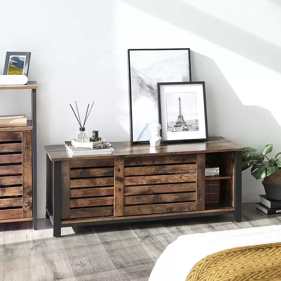 Acaza Vintage Tv Meubel met Schuifdeuren en 2 Planken Lage Kast Dressoir van 110 cm Breed 40cm Diep x 45 cm Hoog Rustiek Bruin