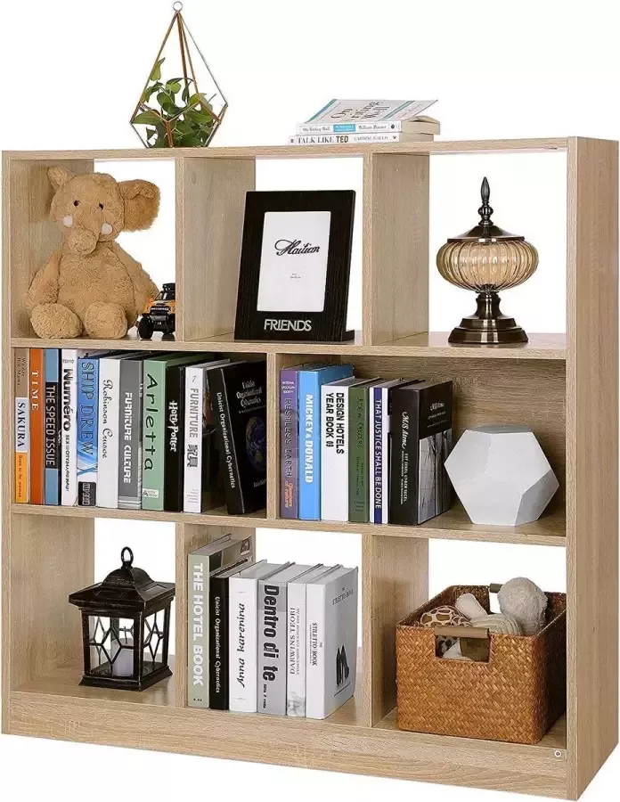 Acaza Wandkast met 8 Open Schappen Grote Decoratieve Opberg kast met Compartimenten 100 cm Hoog en 97 5 cm Breed Natuurlijk Hout